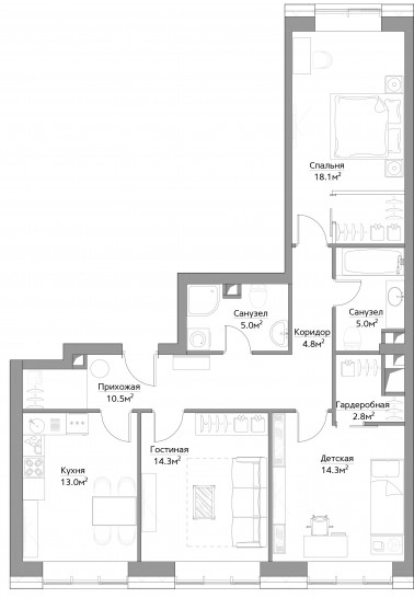 Трёхкомнатная квартира 86 м²