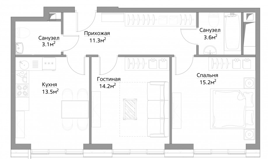Двухкомнатная квартира 61 м²