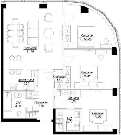 Четырёхкомнатная квартира 102 м²