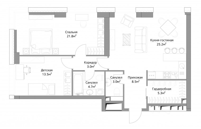 Трёхкомнатная квартира 82 м²