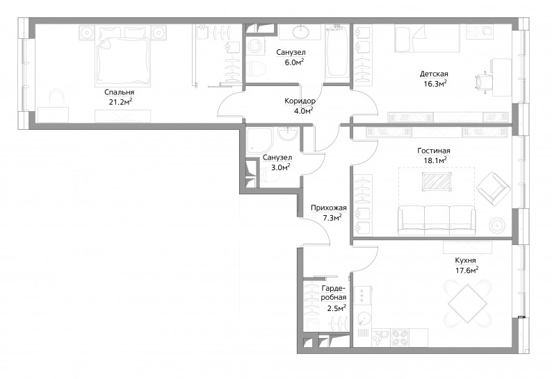 Трёхкомнатная квартира 93 м²