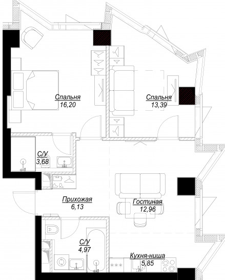 Трёхкомнатная квартира 63 м²