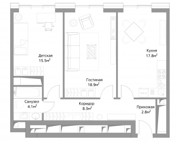 Двухкомнатная квартира 68 м²