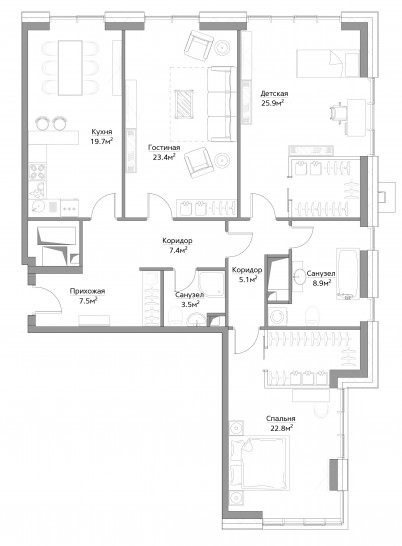 Трёхкомнатная квартира 125 м²