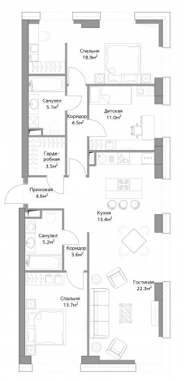 Четырёхкомнатная квартира 102 м²