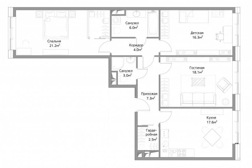 Трёхкомнатная квартира 93 м²