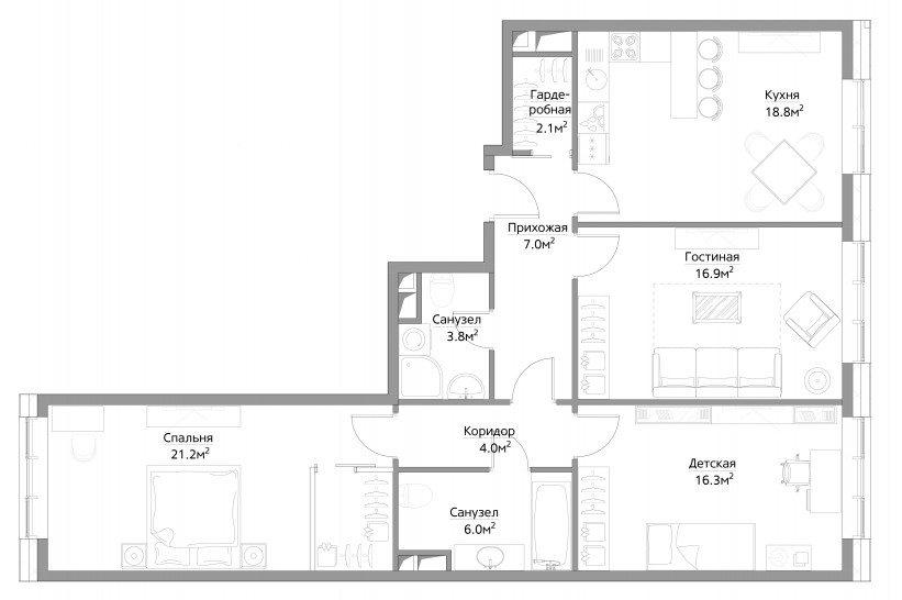 Трёхкомнатная квартира 95 м²