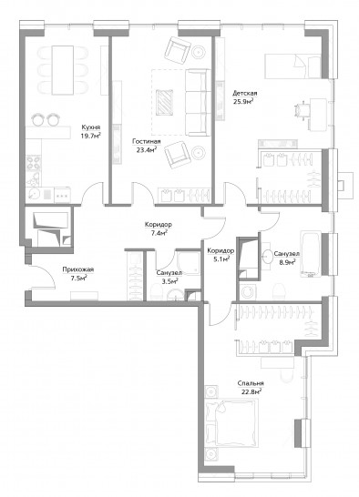 Трёхкомнатная квартира 125 м²