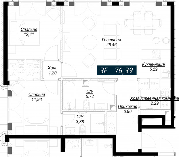 Трёхкомнатная квартира 76 м²