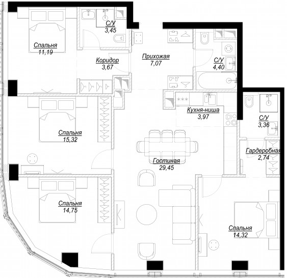 Пятикомнатная квартира 113 м²