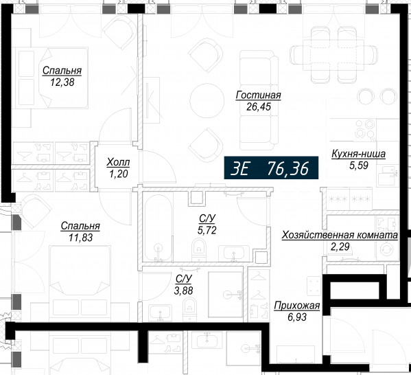 Трёхкомнатная квартира 76 м²