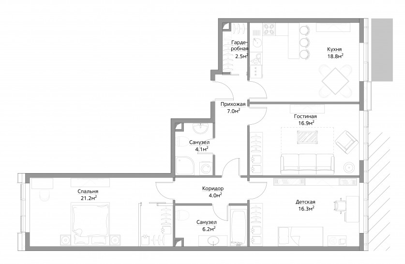 Трёхкомнатная квартира 96 м²
