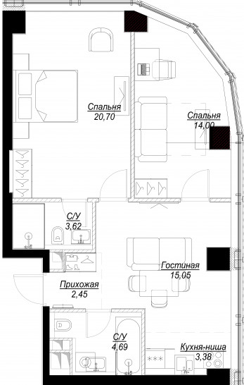 Трёхкомнатная квартира 63 м²