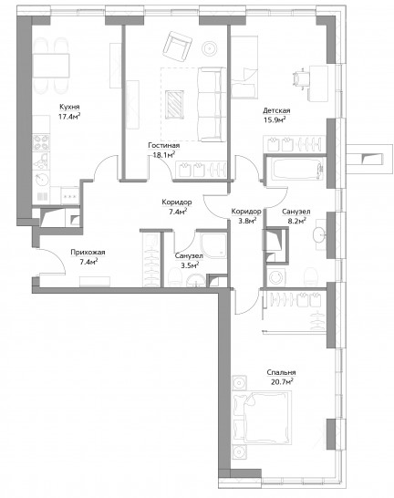 Трёхкомнатная квартира 102 м²