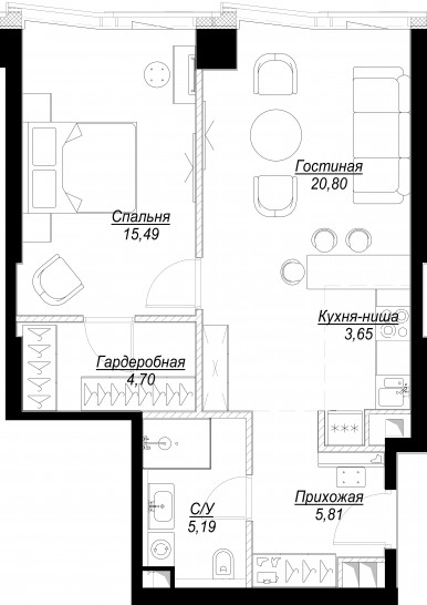 Двухкомнатная квартира 55 м²