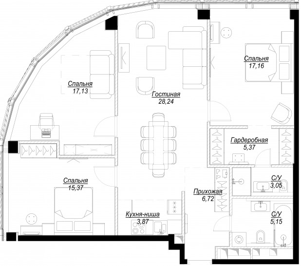 Четырёхкомнатная квартира 102 м²