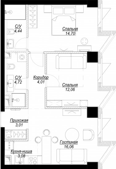 Трёхкомнатная квартира 62 м²