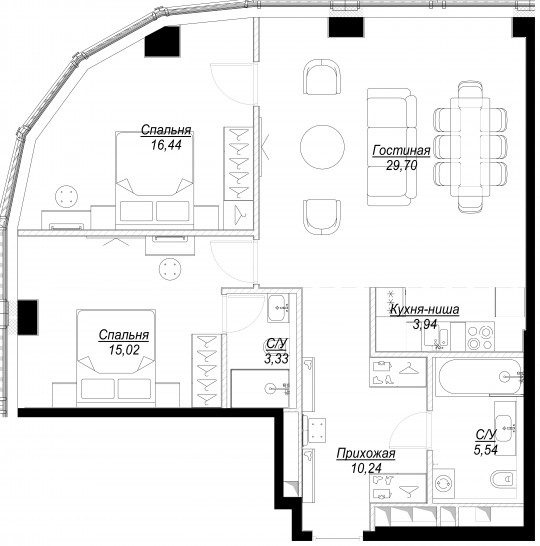 Трёхкомнатная квартира 84 м²
