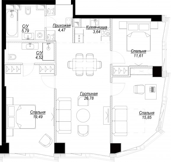 Четырёхкомнатная квартира 92 м²