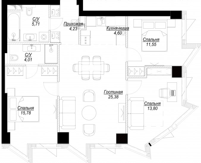 Четырёхкомнатная квартира 85 м²