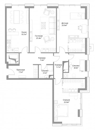 Трёхкомнатная квартира 125 м²