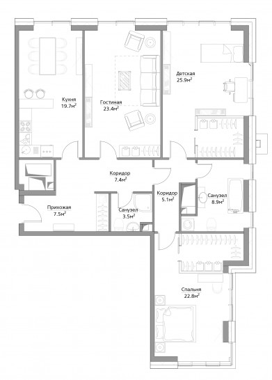 Трёхкомнатная квартира 126 м²