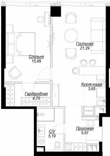 Двухкомнатная квартира 56 м²