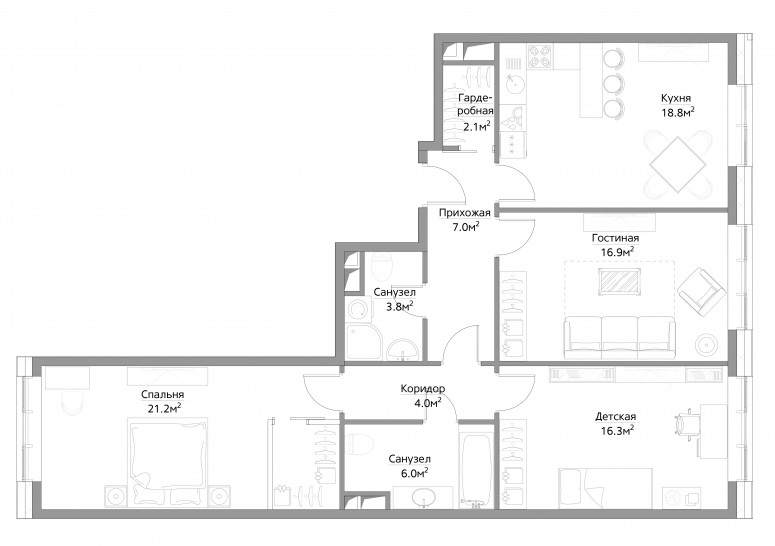 Трёхкомнатная квартира 95 м²