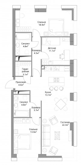 Четырёхкомнатная квартира 101 м²