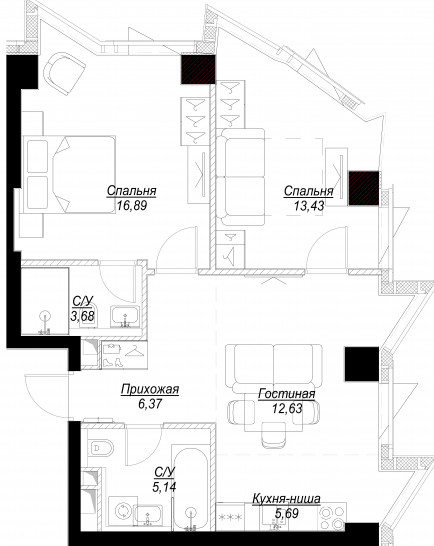 Трёхкомнатная квартира 63 м²