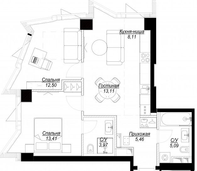 Трёхкомнатная квартира 61 м²