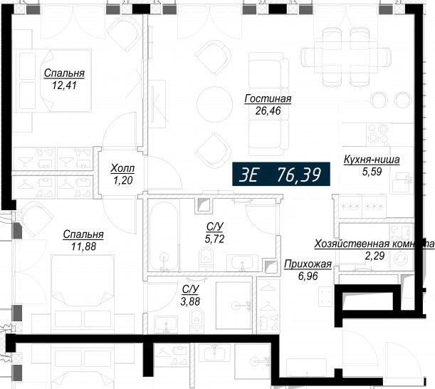 Трёхкомнатная квартира 76 м²