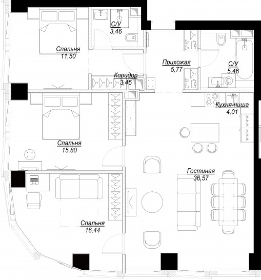 Четырёхкомнатная квартира 102 м²