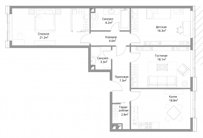 Трёхкомнатная квартира 94 м²