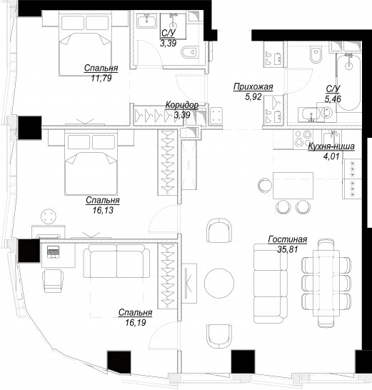 Четырёхкомнатная квартира 102 м²