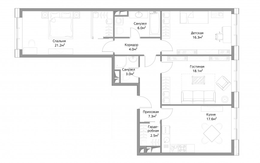 Трёхкомнатная квартира 94 м²