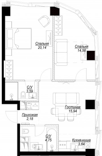 Трёхкомнатная квартира 64 м²