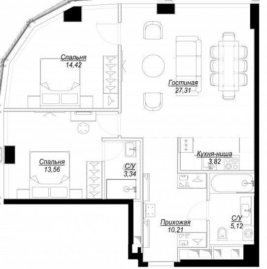 Трёхкомнатная квартира 78 м²