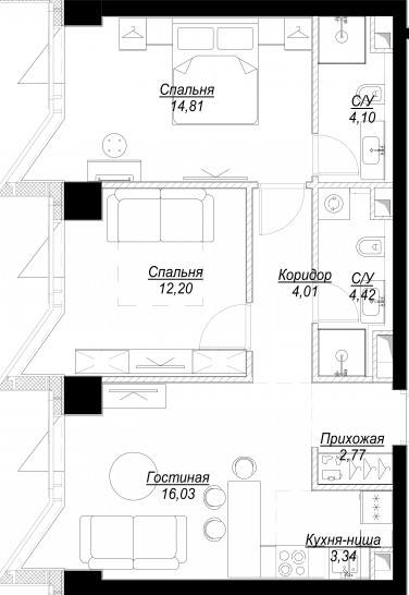 Трёхкомнатная квартира 61 м²