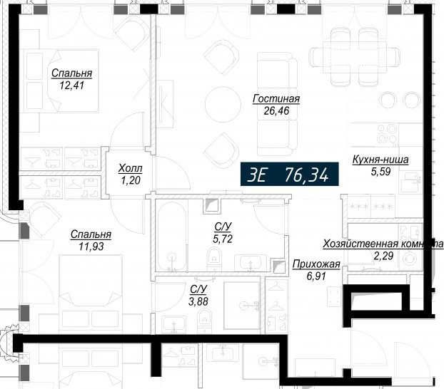 Трёхкомнатная квартира 76 м²