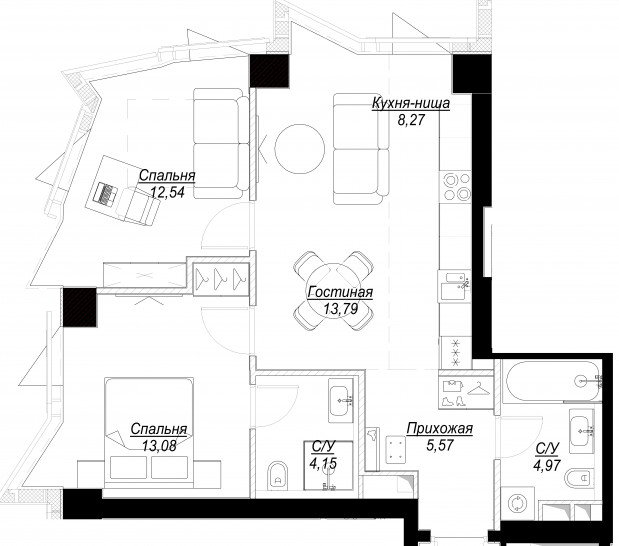 Трёхкомнатная квартира 62 м²