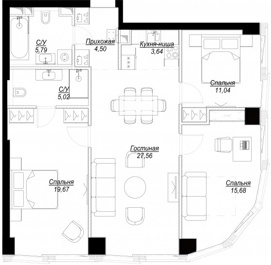 Четырёхкомнатная квартира 92 м²