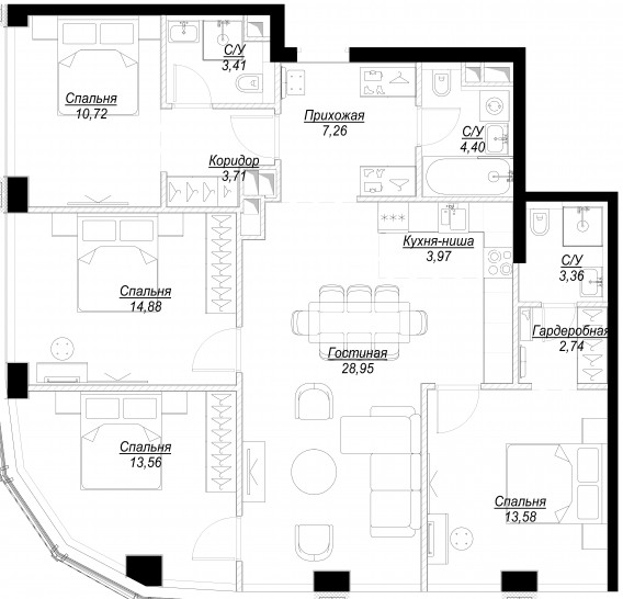 Пятикомнатная квартира 110 м²