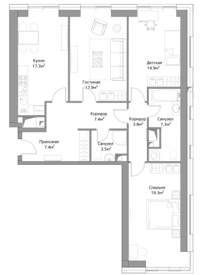 Трёхкомнатная квартира 97 м²
