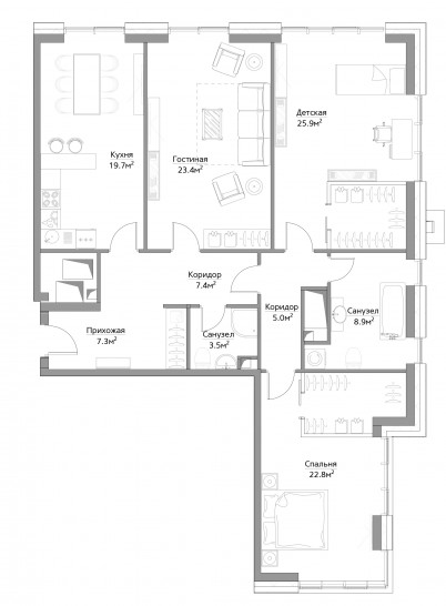 Трёхкомнатная квартира 125 м²
